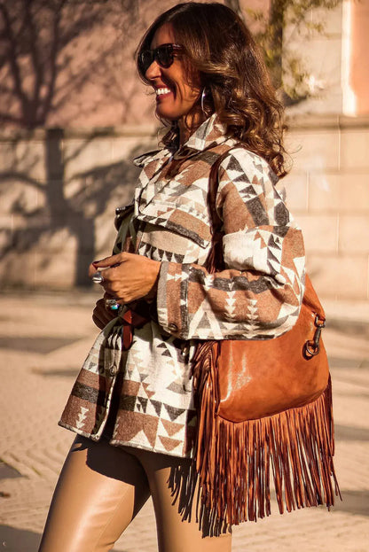 Brown Aztec Print Flap Pocket Button-up Jacket - Chic Meadow Boutique 