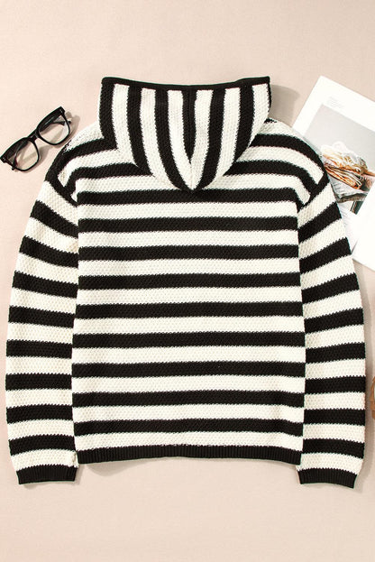 Sweaters & Cardigans/Sweaters White Stripe V Neck Pocketed Drawstring Hooded Sweater