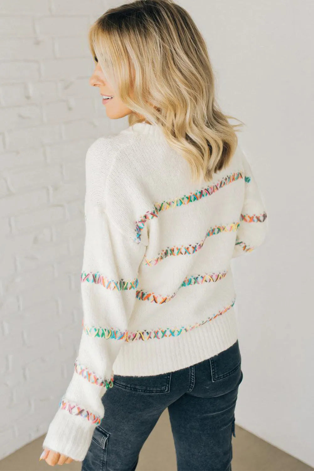 White Colorful Crossed Stitch Drop Shoulder Sweater - Chic Meadow Boutique 