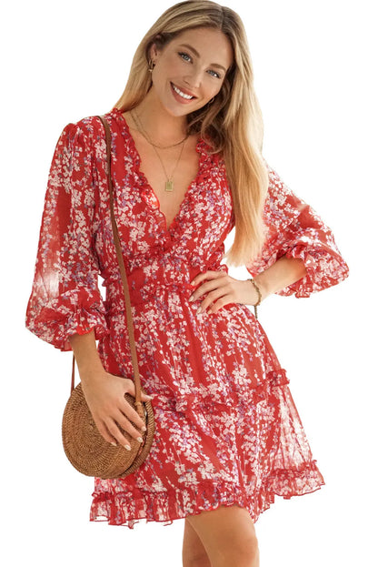 Fiery Red Ruffle Detailing Open Back Floral Dress - Chic Meadow Boutique 