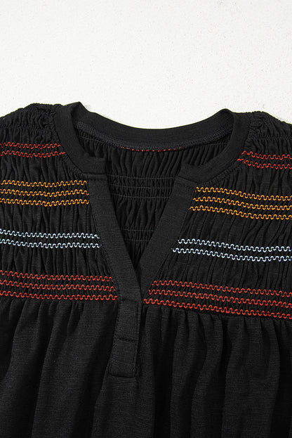 Black Colorful Shirred Yoke Notched V Neck Tank Top