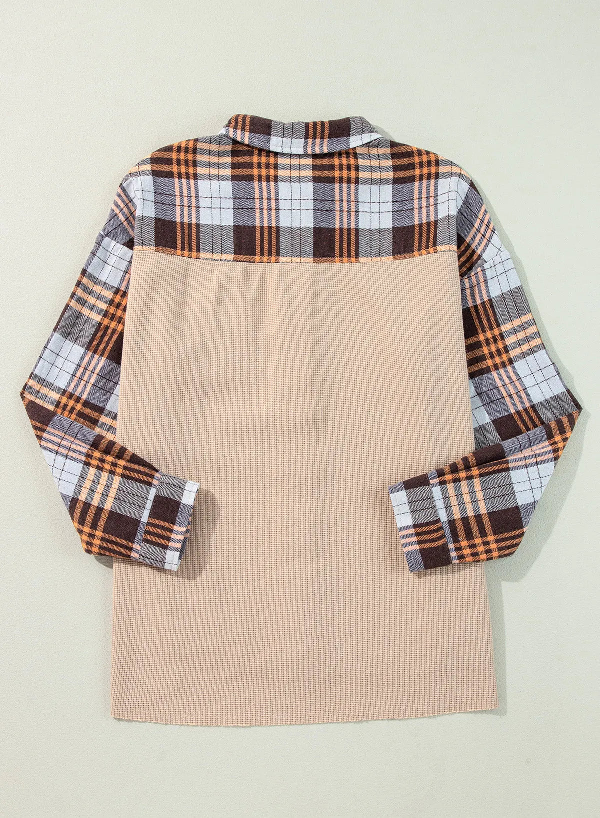 Outerwear/Plaid Shackets Khaki Thermal Knit Plaid Patchwork Shacket