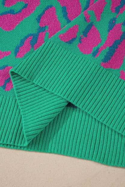 Sweaters & Cardigans/Sweaters Green Abstract Print Ribbed Trim Baggy Sweater