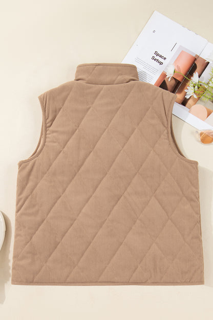 Camel Plus Size Quilted Cord Snap Button Vest Jacket