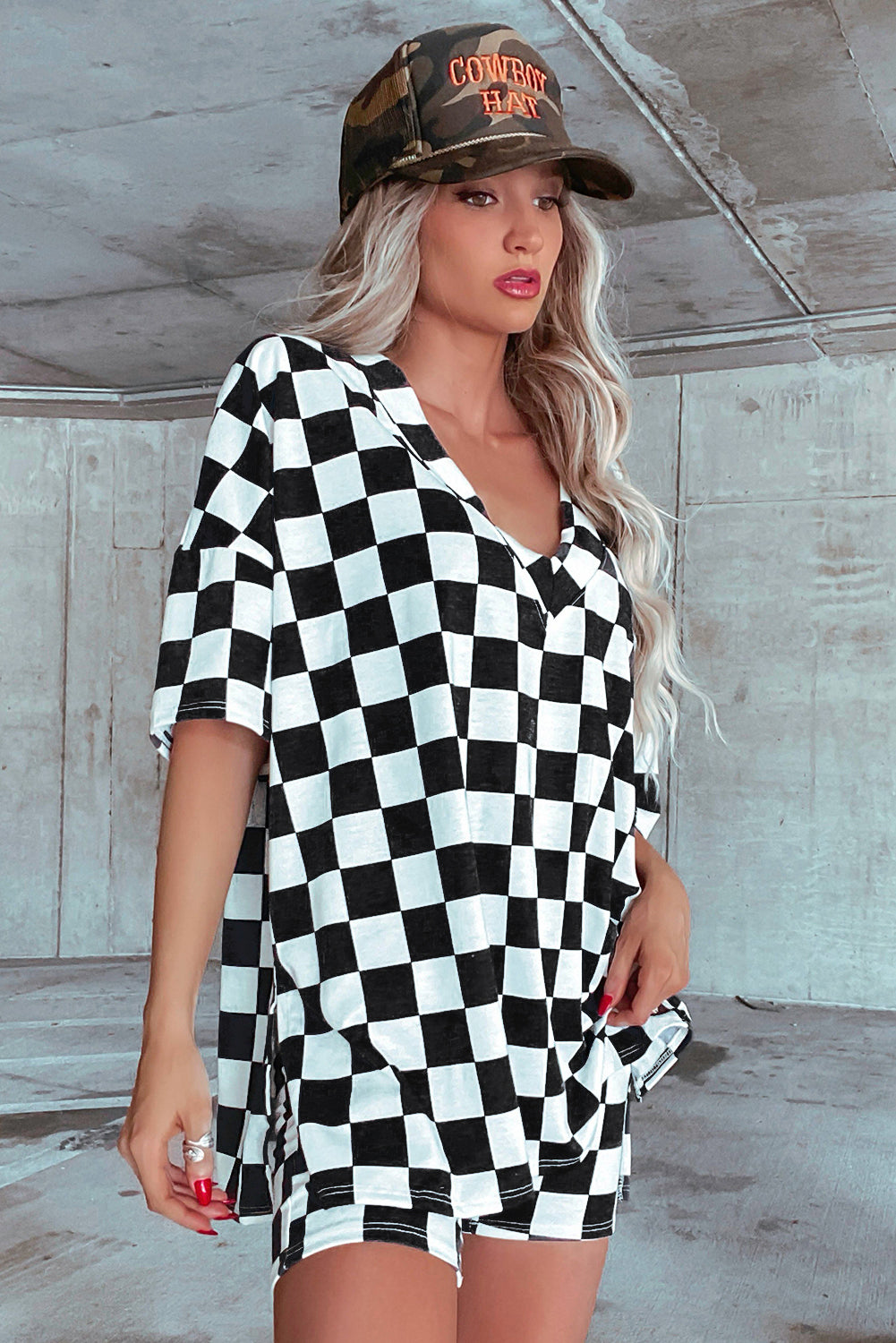 Black Checkerboard Print V Neck Loose Tee and Shorts Lounge Set