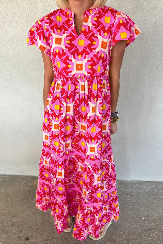 Strawberry Pink Geo Print V-neck Maxi Dress - Chic Meadow Boutique 