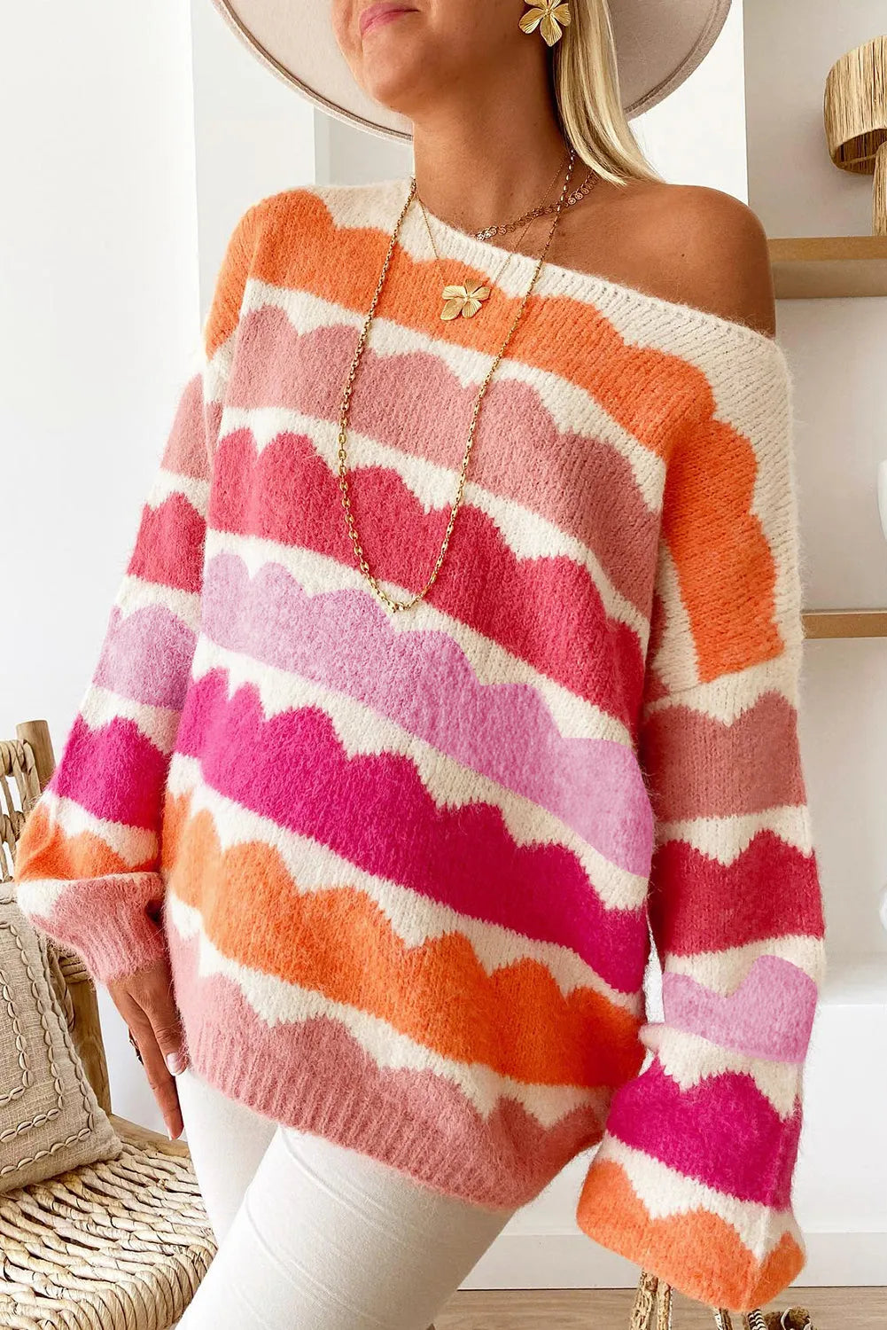 Rose Red Wave Striped Balloon Sleeve Drop Shoulder Sweater - Chic Meadow Boutique 