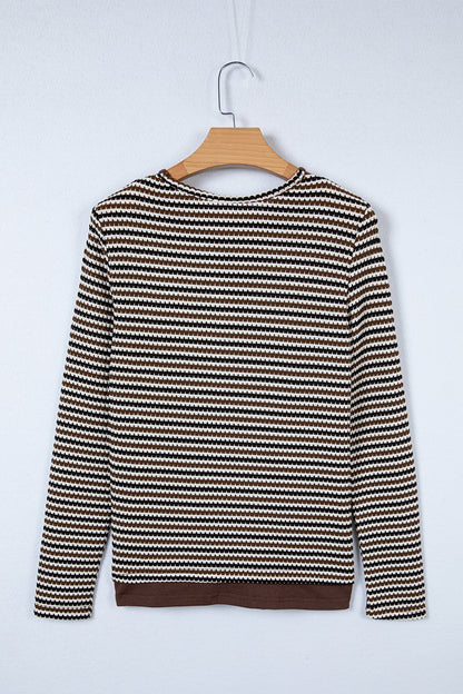 Brown Faux Two Piece Textured Striped Round Neck Long Sleeve T Shirt