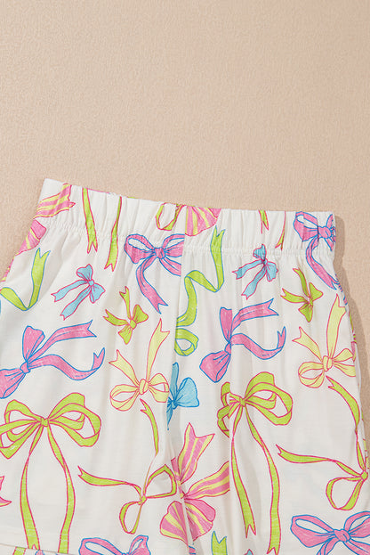 White Cheerful Bow Print Elastic Pull On Casual Shorts