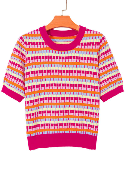 Rose Red Abstract Striped Knit Short Sleeve Sweater