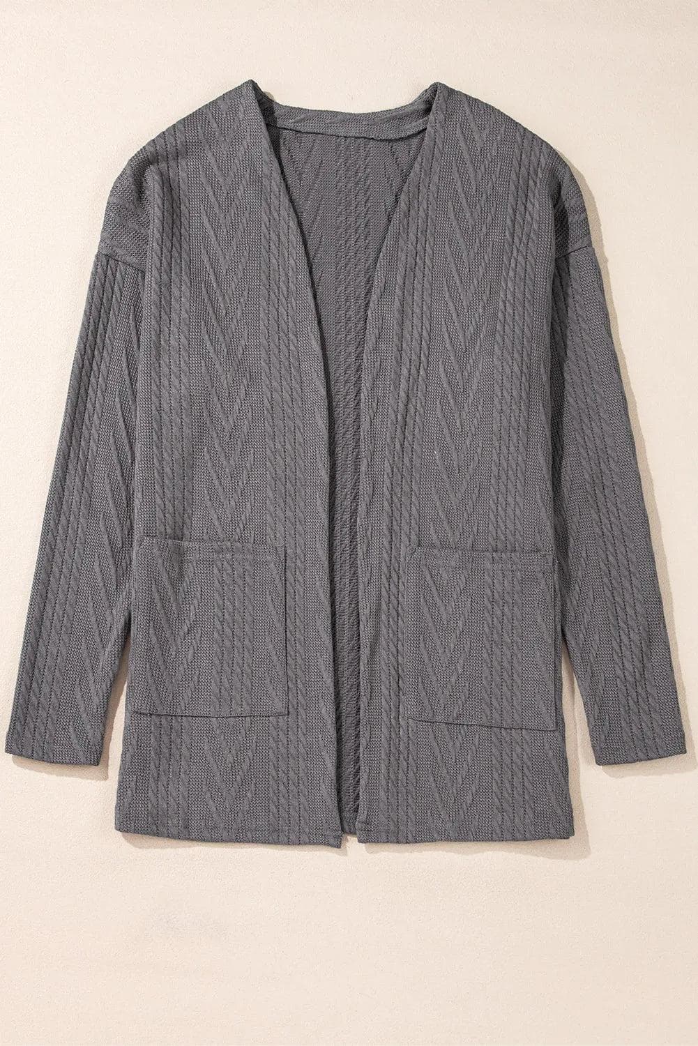 Sweaters & Cardigans/Cardigans Medium Grey  Solid Textured Open Front Cardigan with Pocket