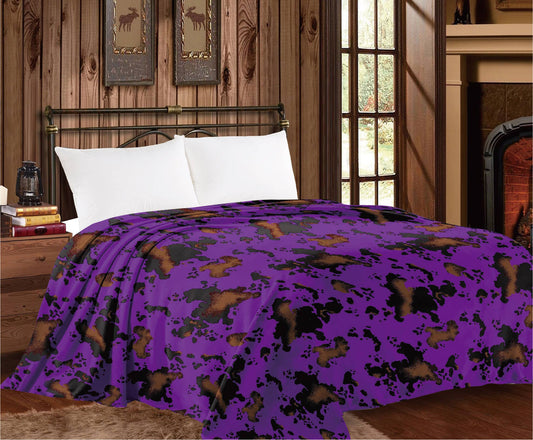 King Size Mia Cowprint Throw Blanket – Soft Cotton & Microfiber Blend - Purple