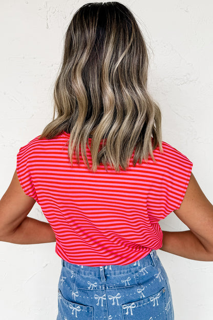 Red Stripe Ribbed Cap Sleeve Round Neck T Shirt