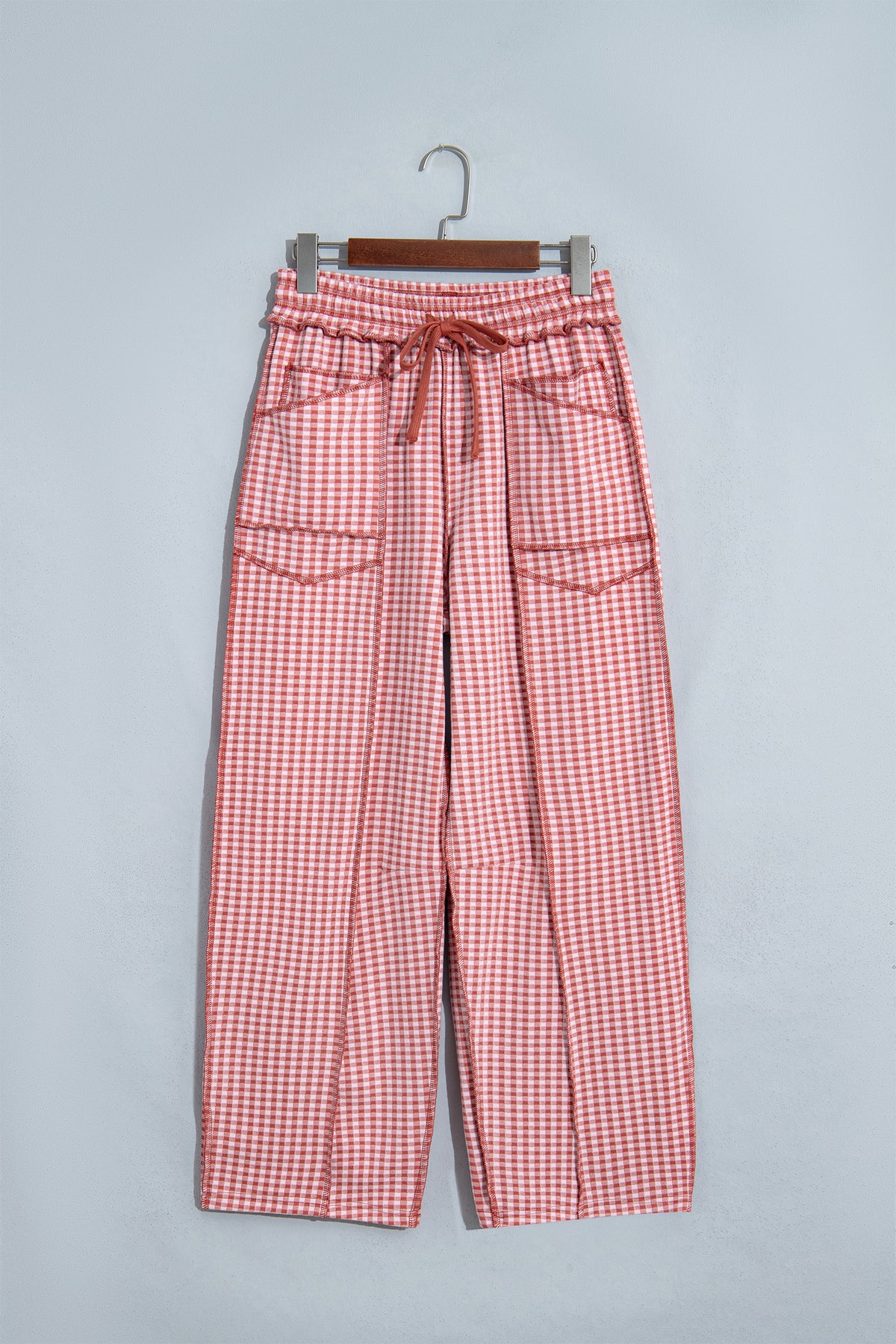 Red Plaid Contrast Trim Drawstring Elastic Waist Shift Pants