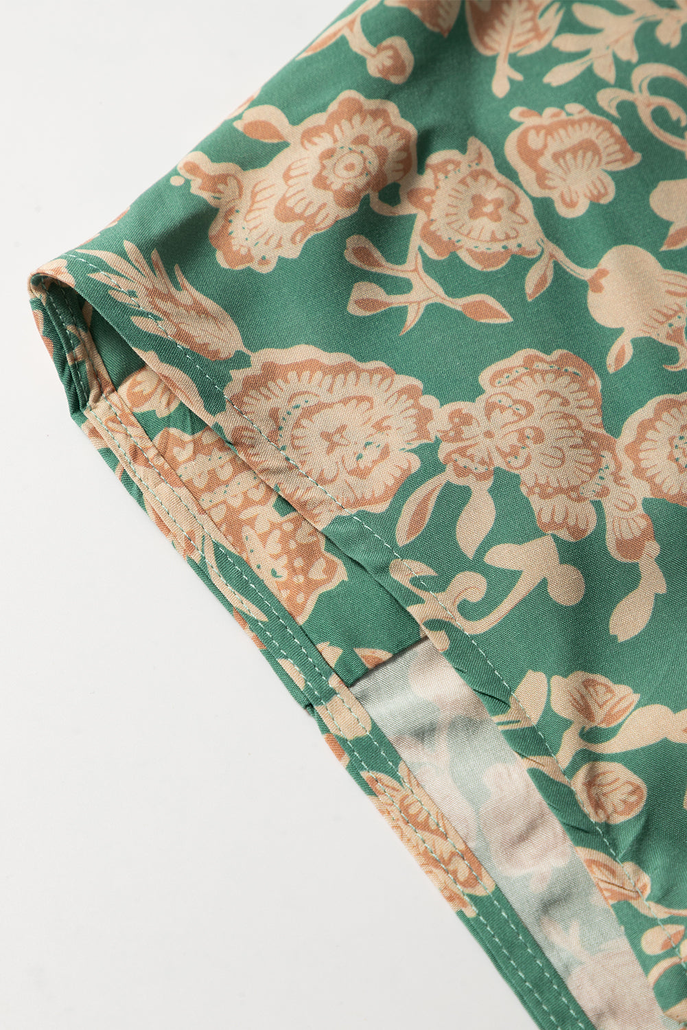 Green Floral Print Pleated Buttoned V Neck Short Sleeve Blouse