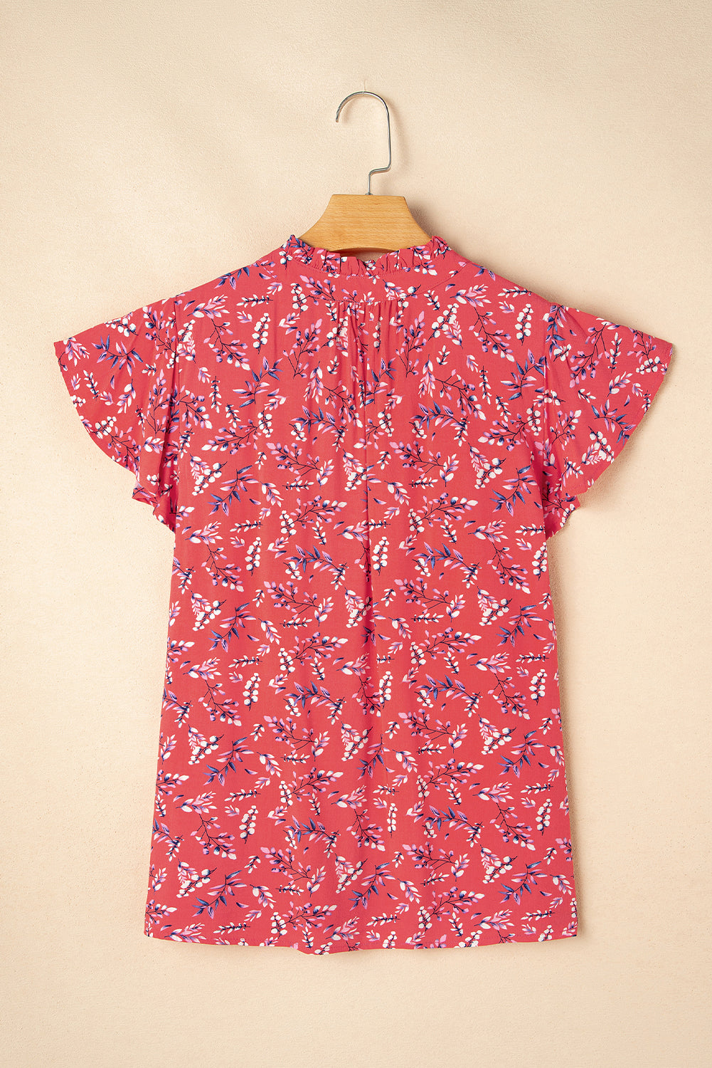 Red Floral Tie Split Neck Short Flounce Sleeve Crinkled Blouse