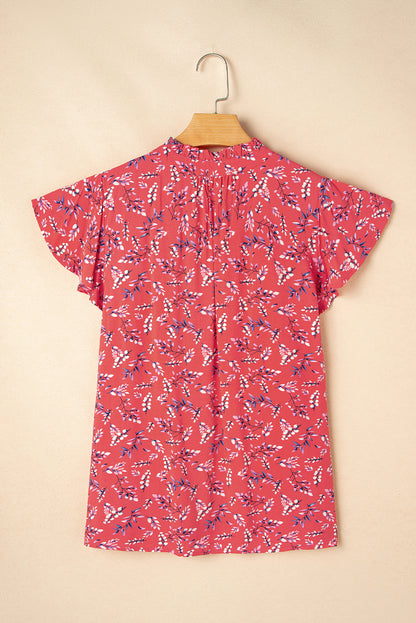 Red Floral Tie Split Neck Short Flounce Sleeve Crinkled Blouse