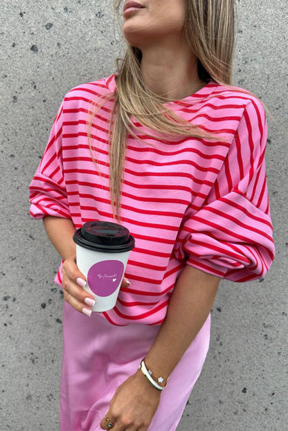 Sachet Pink Striped Print Crew Neck Drop Shoulder Sweatshirt