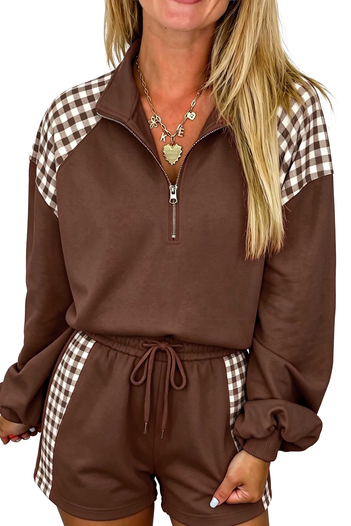 Coffee Plaid Patchwork Half Zip Pullover Drawstring Short Set