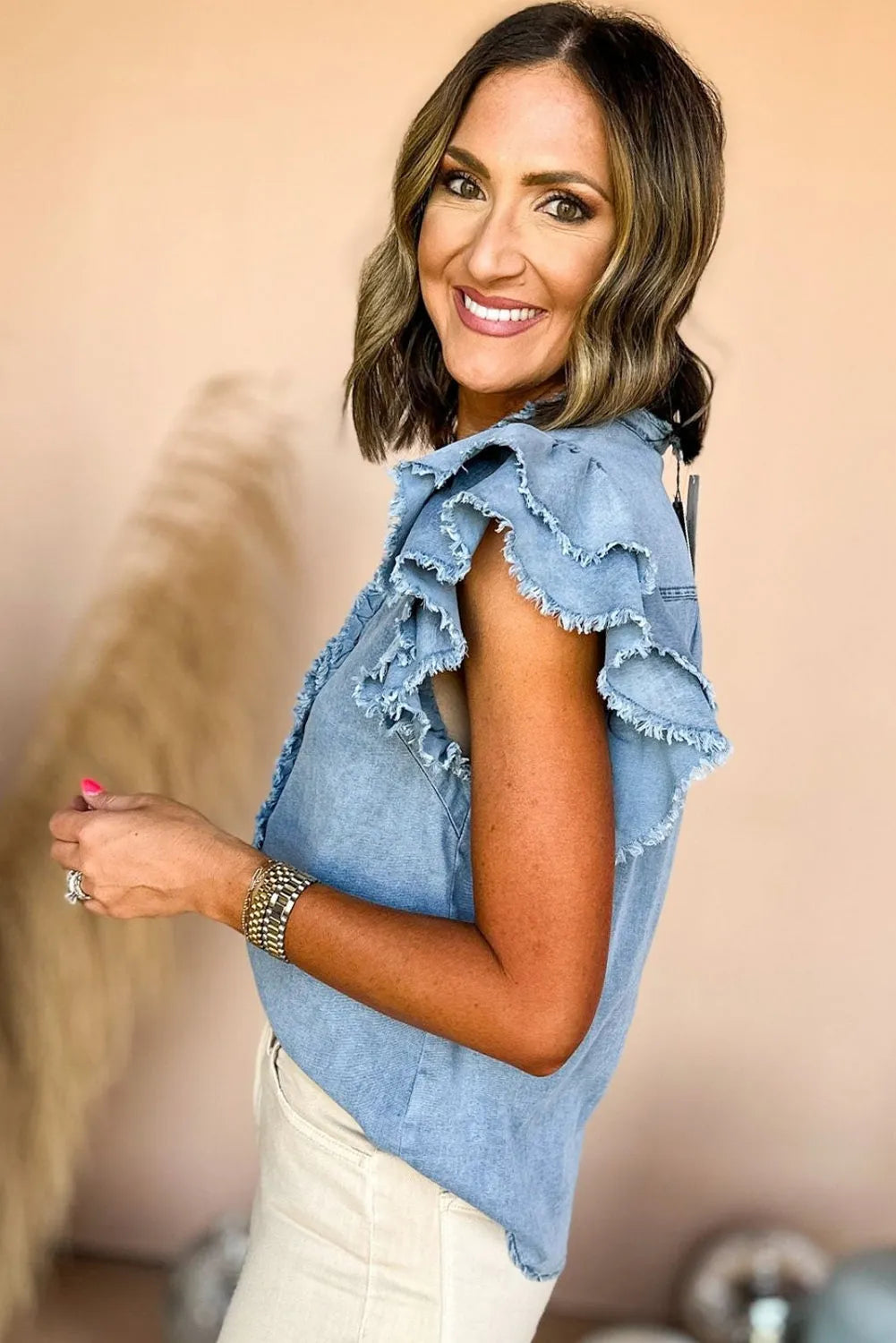 Beau Blue Button Front Ruffled Flutter Frayed Denim Top - Chic Meadow Boutique 