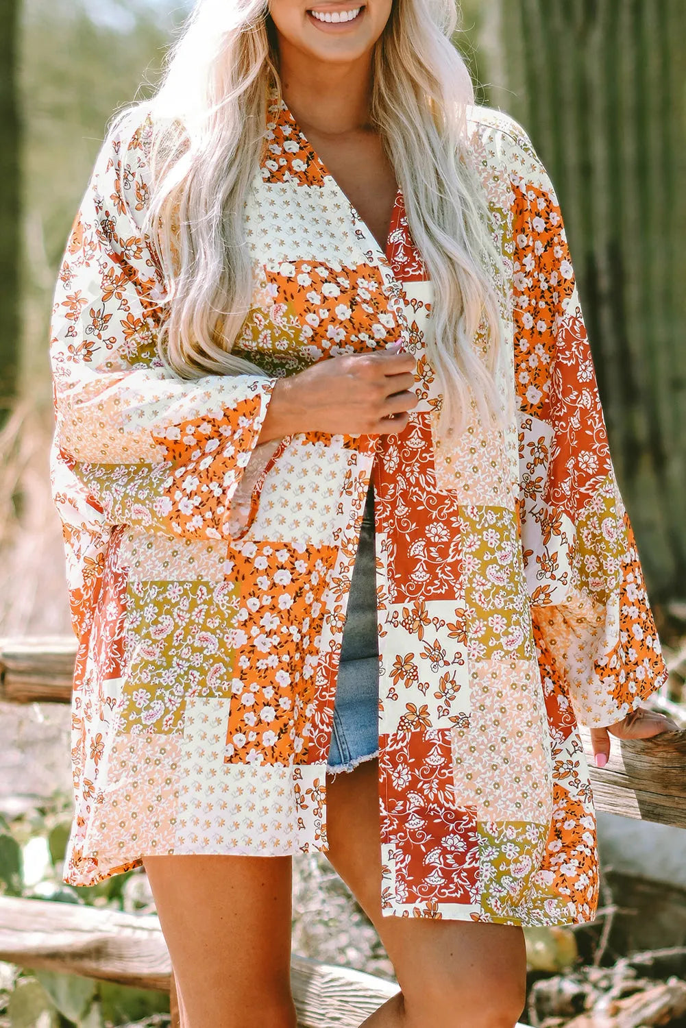 White Boho Patchwork Floral Open Front Kimono - Chic Meadow Boutique 