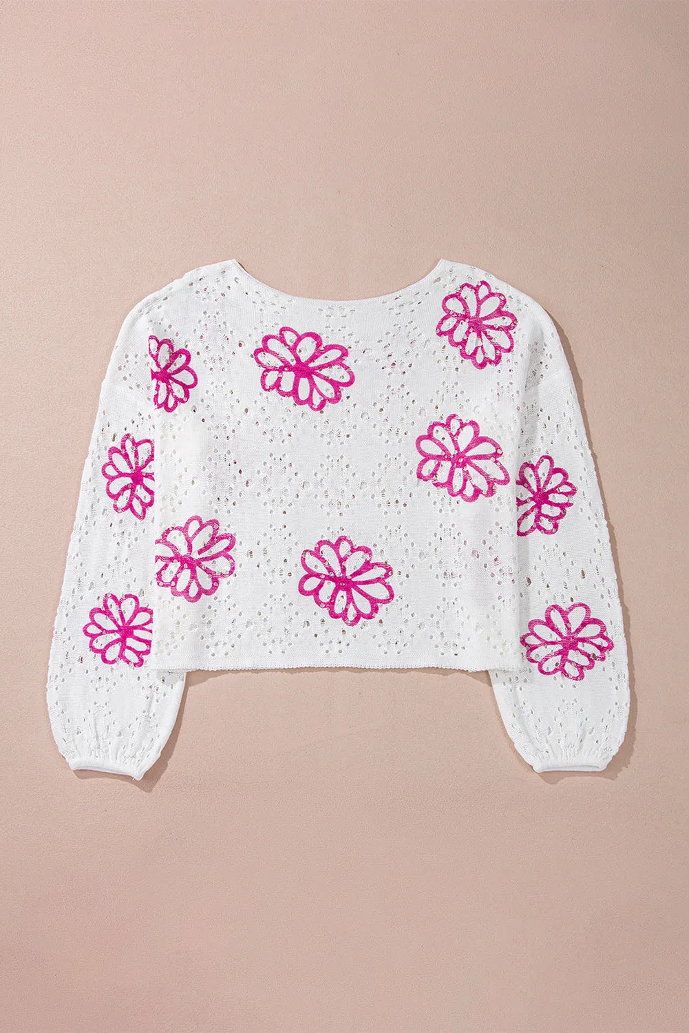 White Contrast Flower Print Eyelet Drop Shoulder Sweater - Chic Meadow Boutique 