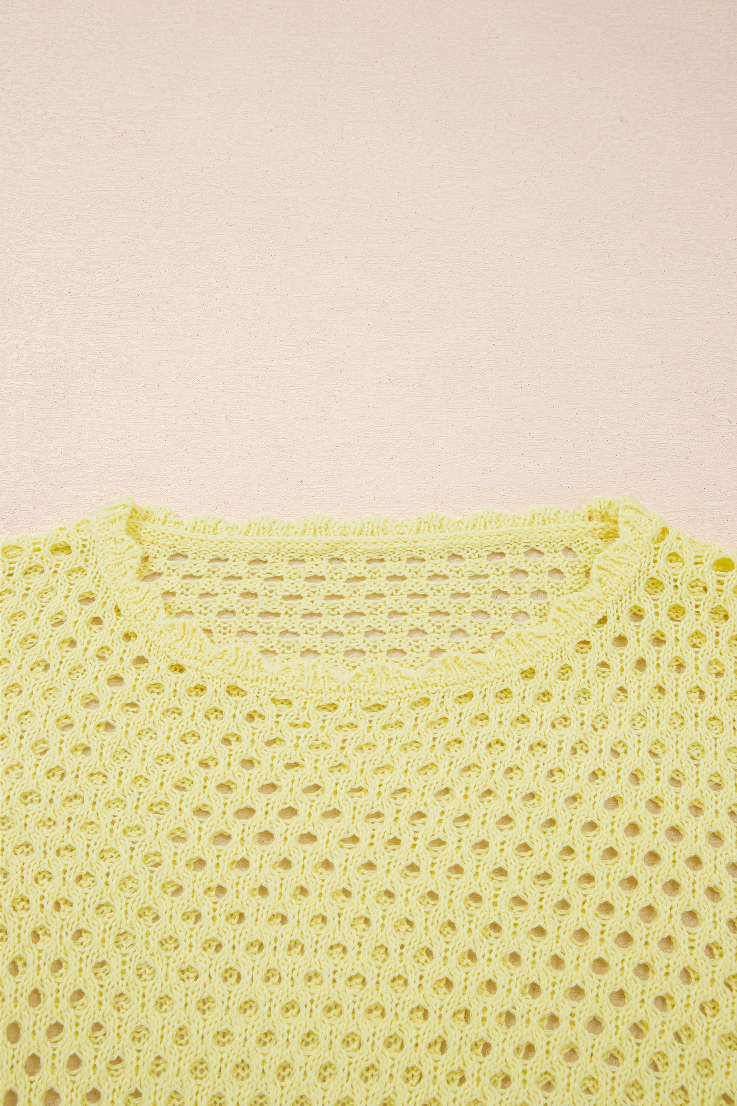 Yellow Cream Scalloped Trim Hollow Out Knit Long Sleeve Top