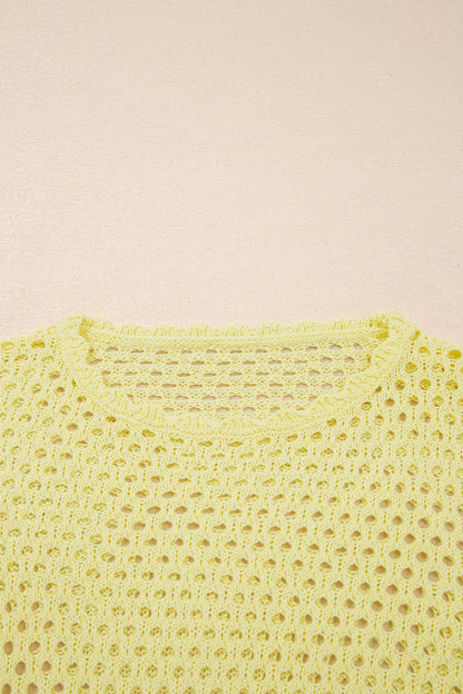 Yellow Cream Scalloped Trim Hollow Out Knit Long Sleeve Top