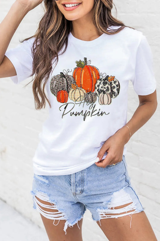 White Rhinestone Hey Pumpkin Graphic Thanksgiving Tee - Chic Meadow Boutique 