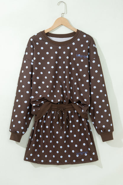 Brown Polka Dot Long Sleeve Pullover Embroidered Bow Detail 2pcs Skort Set