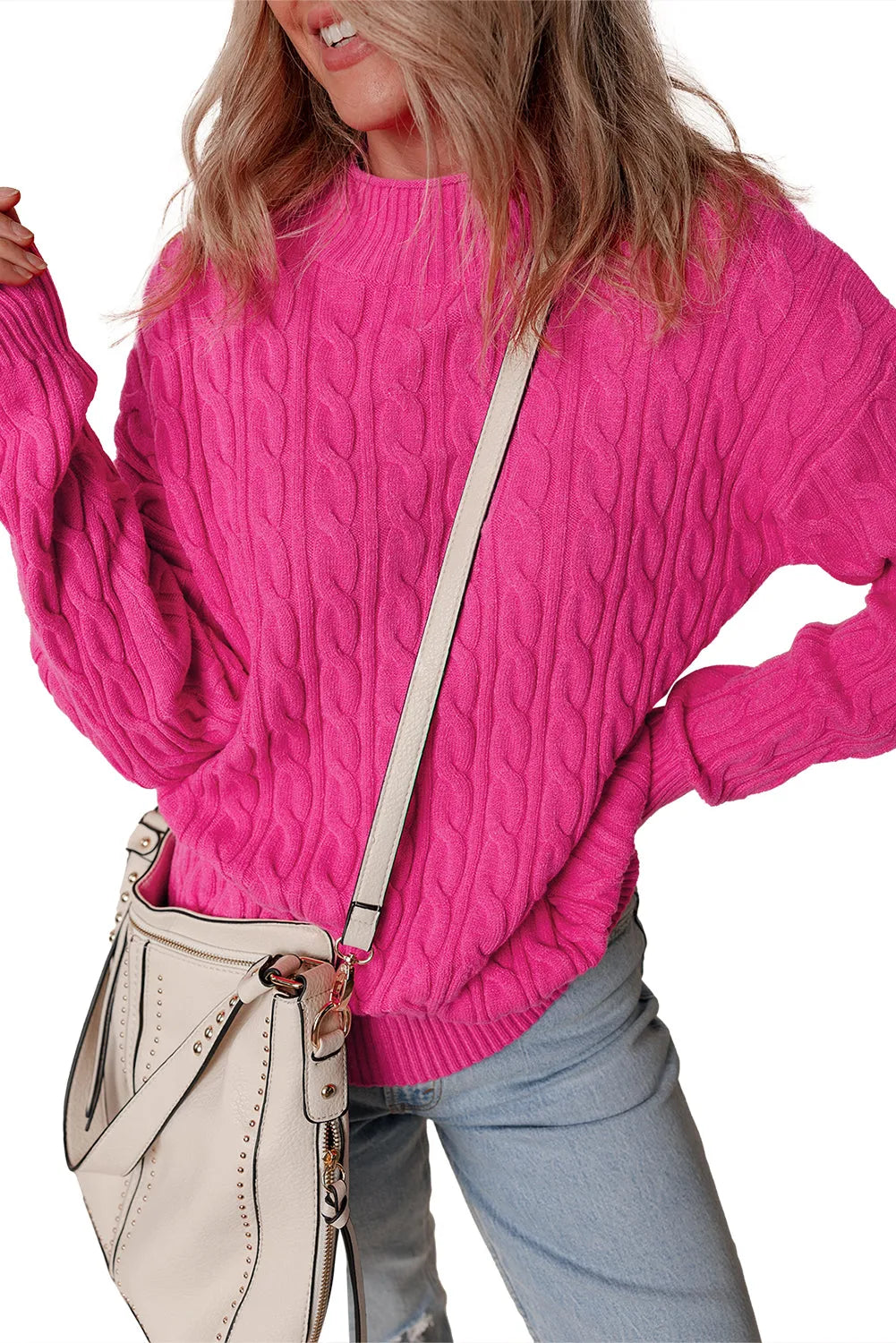 Rose Red Solid Cable Knit High Neck Drop Shoulder Sweater - Chic Meadow Boutique 