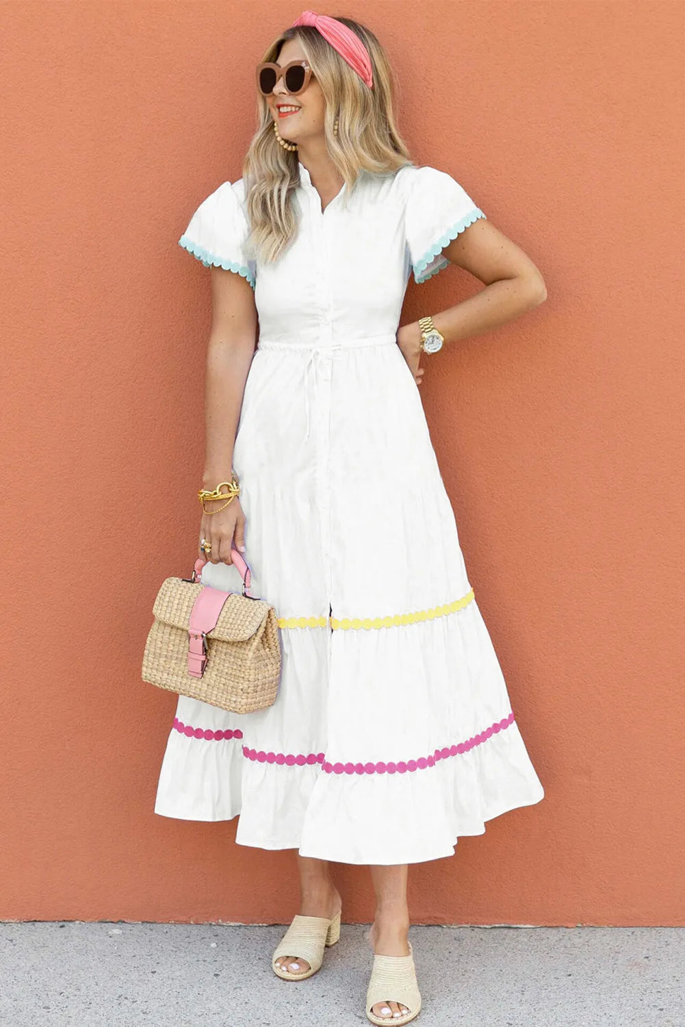 White Colorblock Rickrack Trim Short Sleeve Drawstring Waist Long Dress - Chic Meadow Boutique 