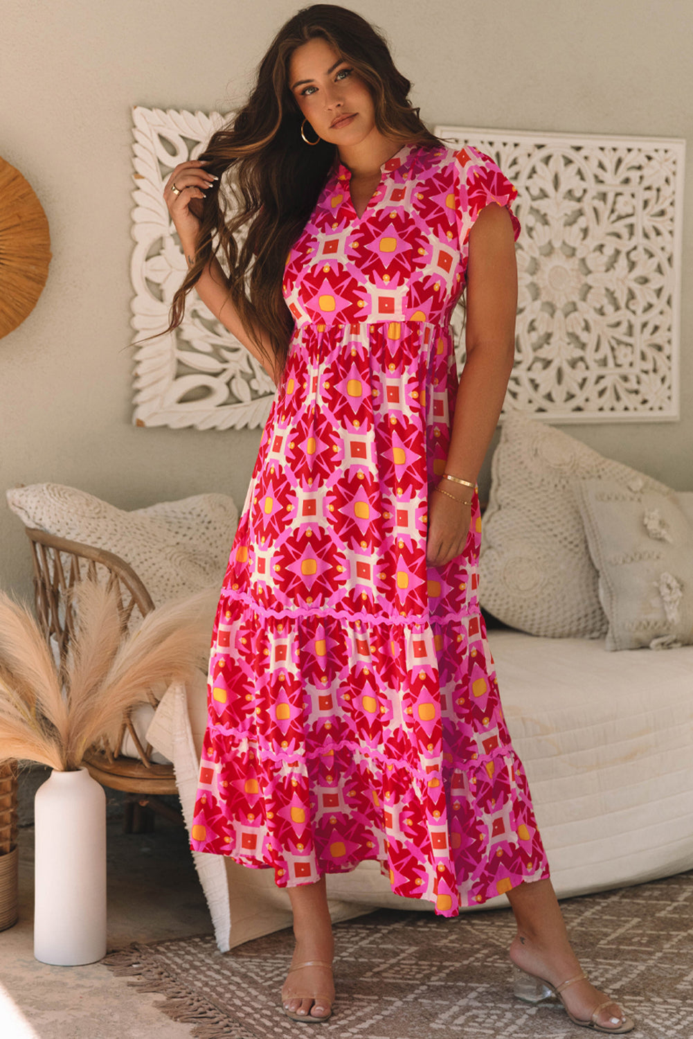 Dresses/Maxi Dresses Strawberry Pink Geo Print V-neck Maxi Dress