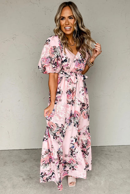 Pink Floral Puff Sleeve High Waist Maxi Dress - Chic Meadow Boutique 