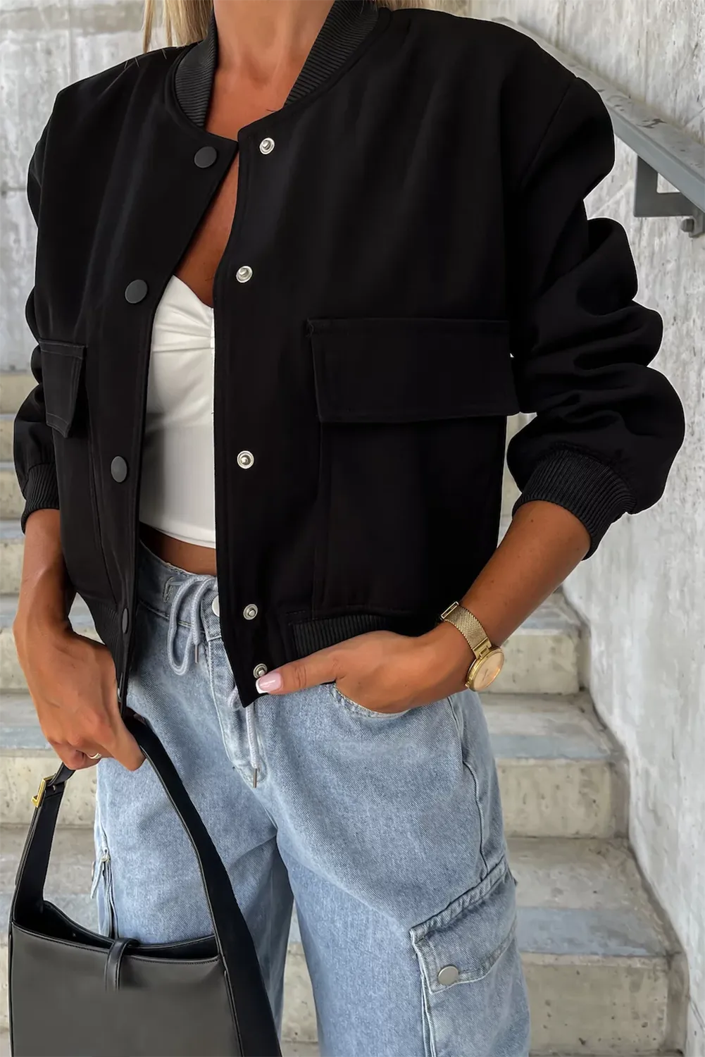 Black Big Pockets Baseball Collar Jacket - Chic Meadow Boutique 