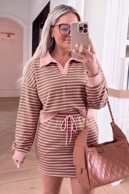 Brown Stripe Striped Drawstring Waist Long Sleeve Top Mini Skort Set