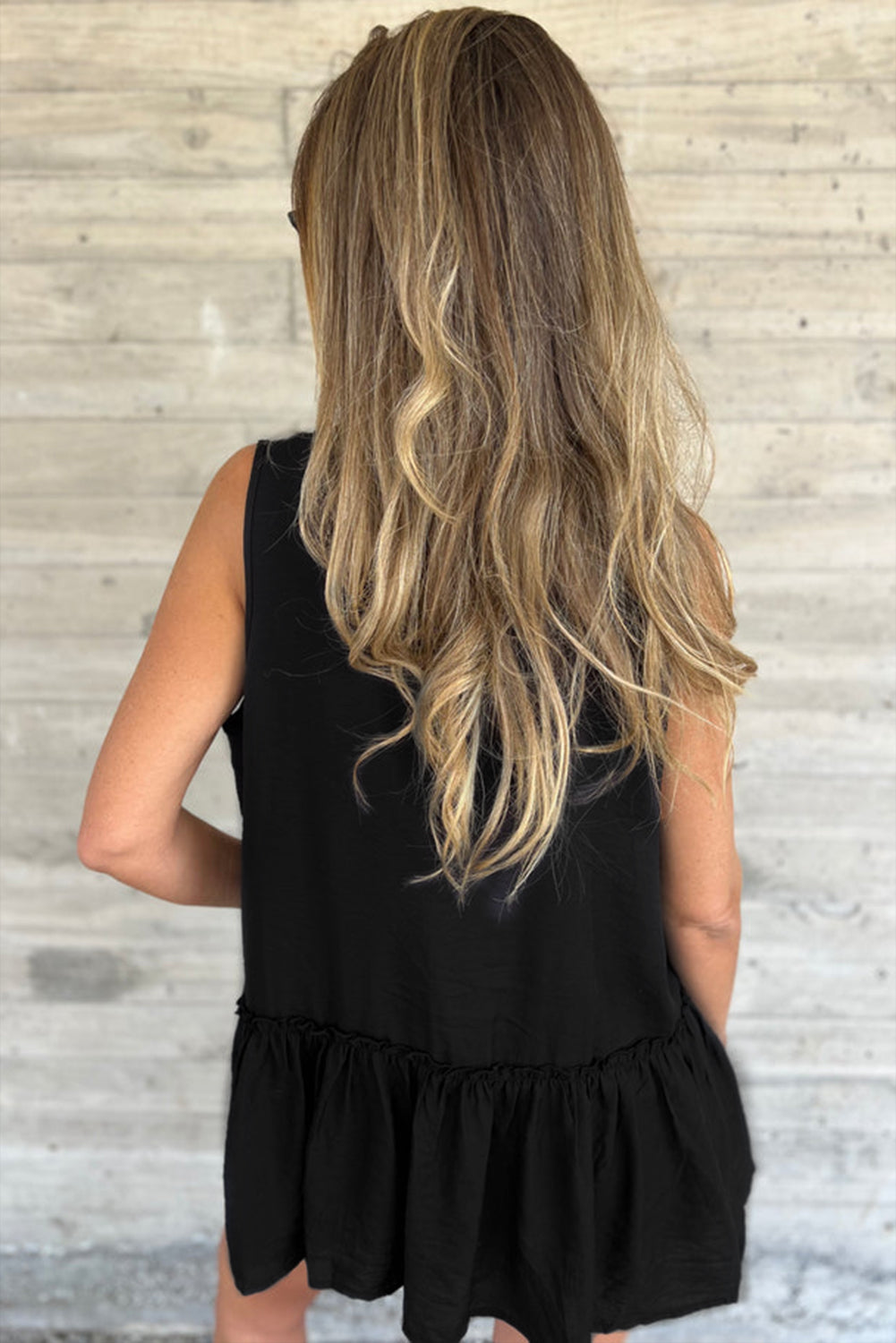 Black Sleeveless Buttoned Front Ruffle Hem Tunic Shirt