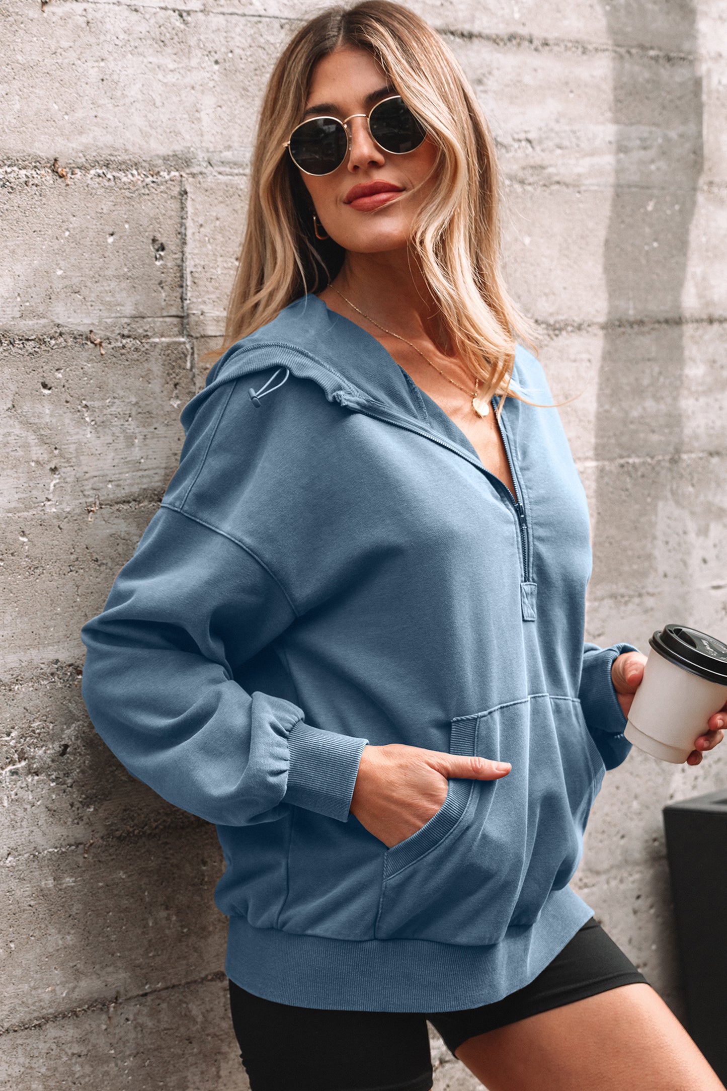 Ashleigh Blue Half Zip Kangaroo Pocket Mineral Wash Baggy Hoodie