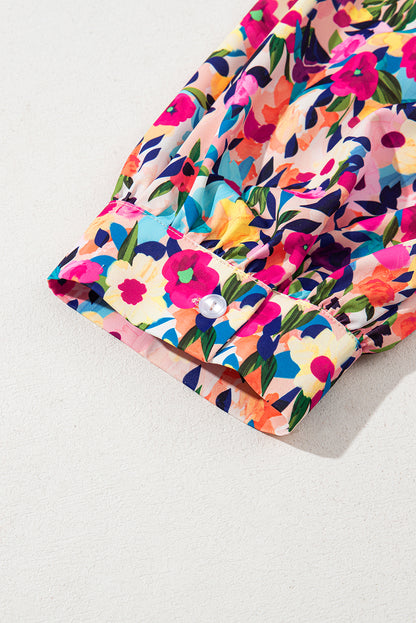 Pink Floral Puff Short Sleeve V Neck Mini Dress