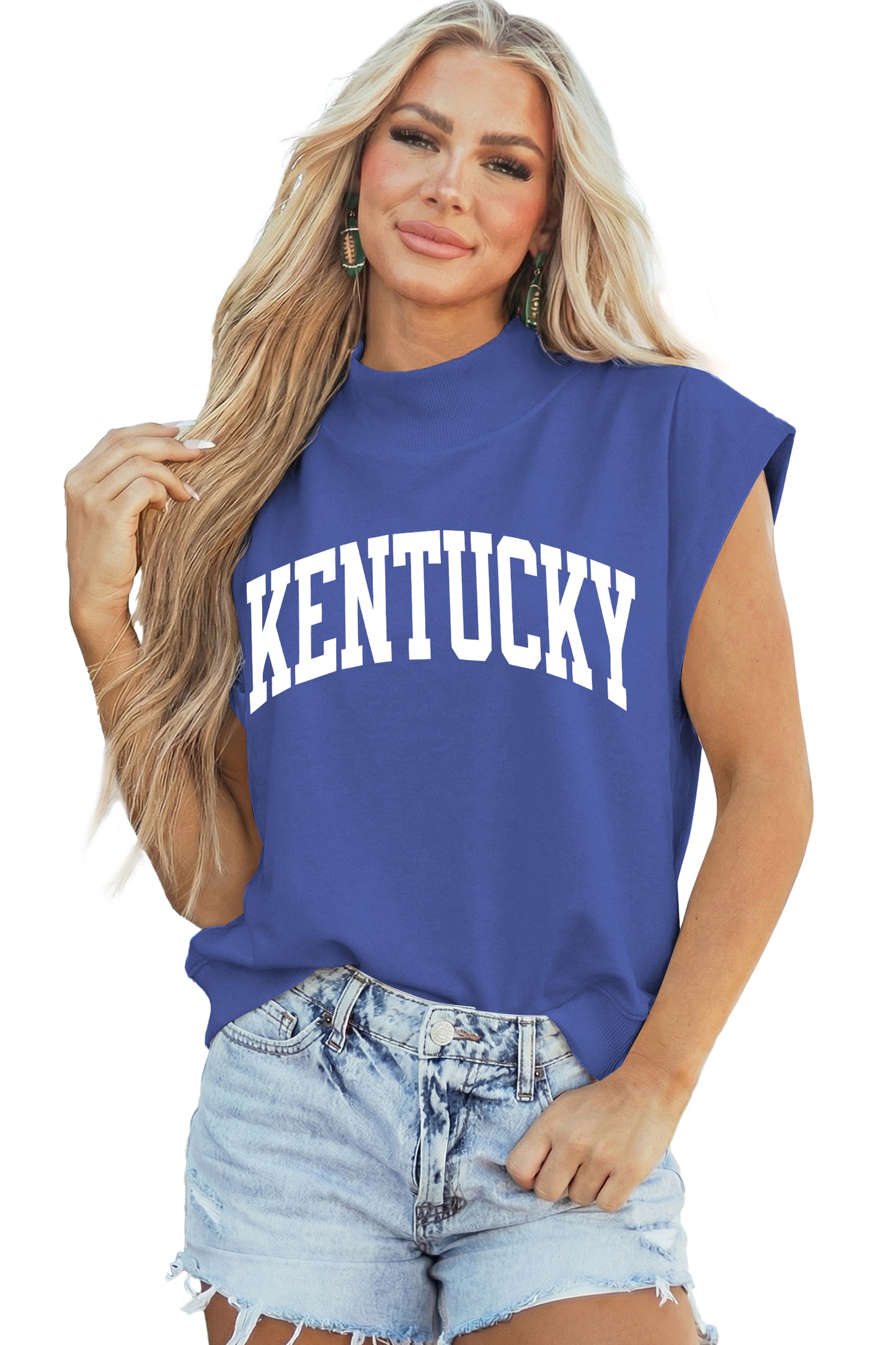 Sky Blue KENTUCKY Leopard KY Double Side Printed Mock Neck Tee