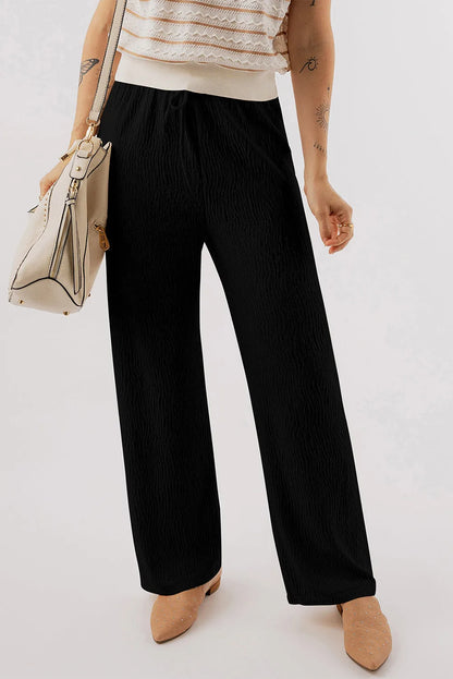 Black Textured Loose Drawstring Pants - Chic Meadow Boutique 