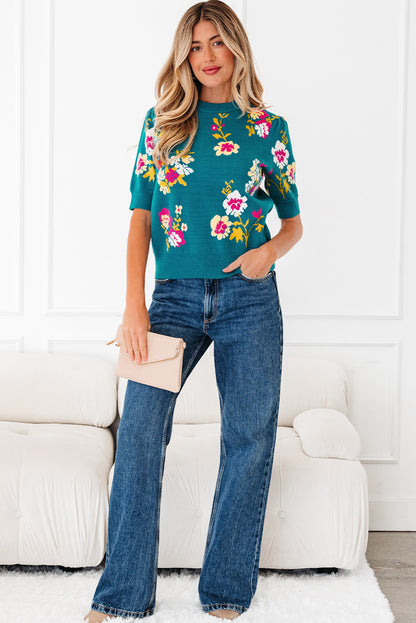 Blue Flower Pattern Mock Neck Short Sleeve Knitted T Shirt