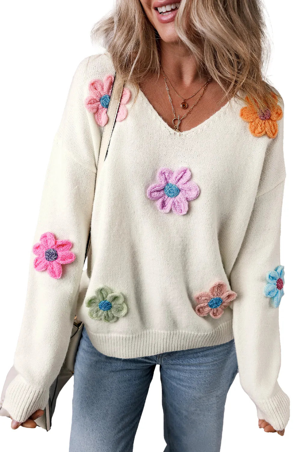 White Crochet Flower V Neck Sweater - Chic Meadow Boutique 