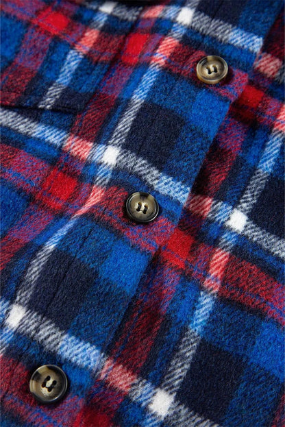 Outerwear/Plaid Shackets Navy Blue Plaid Flap Pocket Button Up Shacket