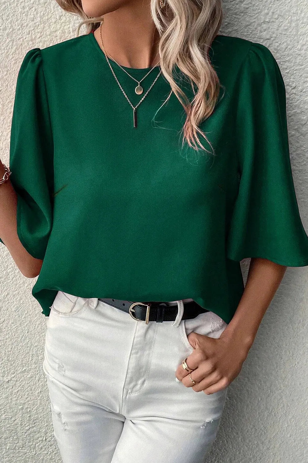 Blackish Green Solid Color Satin Keyhole Back Wide Sleeve Blouse - Chic Meadow Boutique 