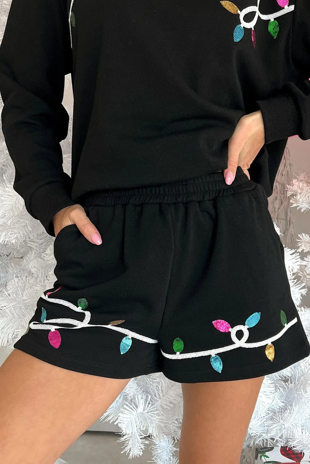 Black Sequin Merry Graphic Pullover and Shorts Outfit - Chic Meadow Boutique 