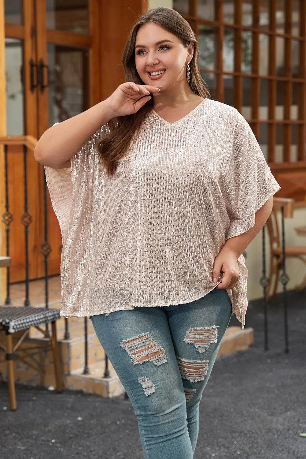 Plus Size/Plus Size Tops/Plus Size Tops & Tees Apricot Plus Size Sequined V Neck Boxy Top