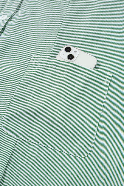 Green Stripe Frilled Sleeveless Collar Front Pocket Button Up Mini Dress