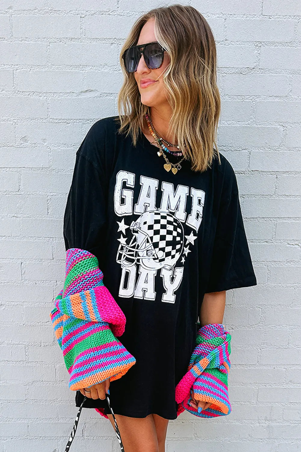 Black GAME DAY Checkerboard Rugby Football Helmet T Shirt - Chic Meadow Boutique 