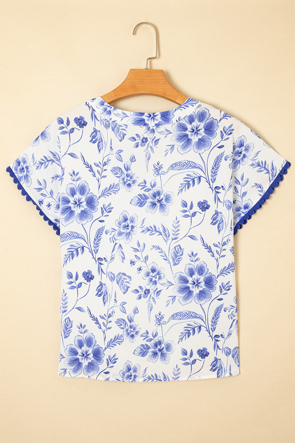 Blue Elegant Floral Print Ricrac Trim Short Sleeve Blouse